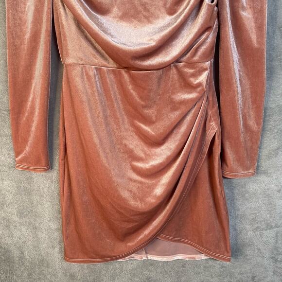 Pink Velvet Mini Dress Long Sleeve Ruched Bodycon Size 6 Party Cocktail - Picture 7 of 12